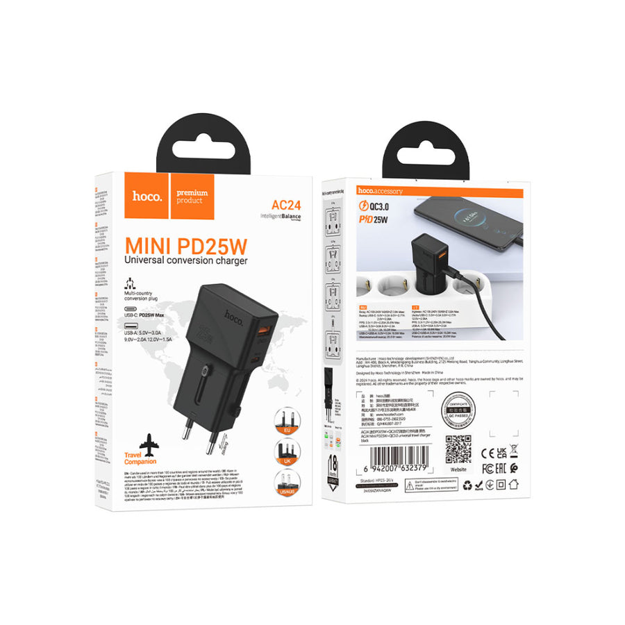 Adaptador de Viaje PD25W USB-C + USB-A Hoco AC24