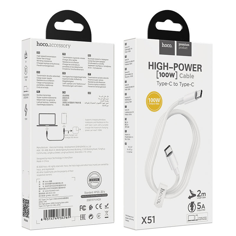 Cable Tipo C a Tipo C 100W 5A 1 Metro Hoco X51