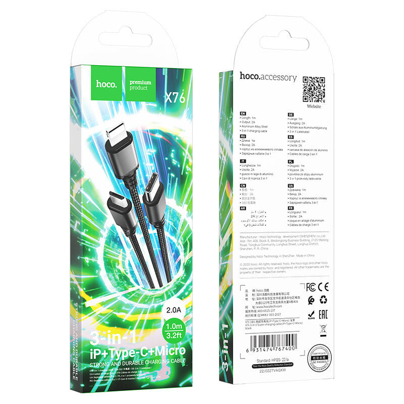 Cable 3 en 1 Lightning / Tipo C / Micro USB Hoco X76