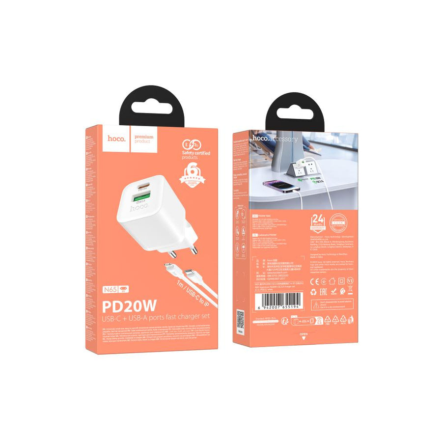 Pack Cargador de Pared USB-C a Lightning PD20W Hoco N65
