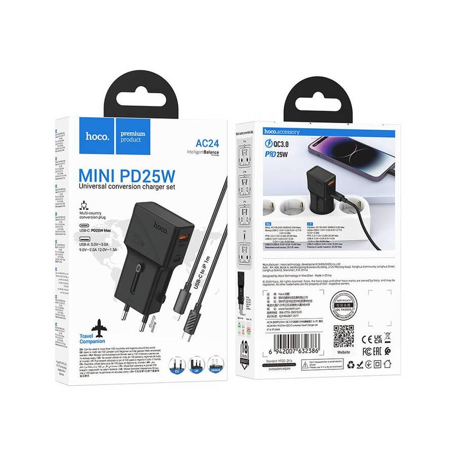 Mini Pack Cargador de Viaje Lightning a USB-C 25W Hoco AC24